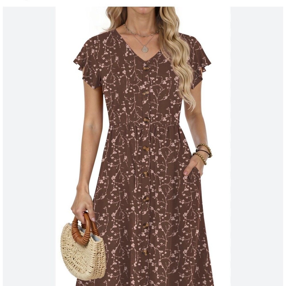 Size XL Fantaslook Brown Floral V Neck Button Accent Midi Dress NWT